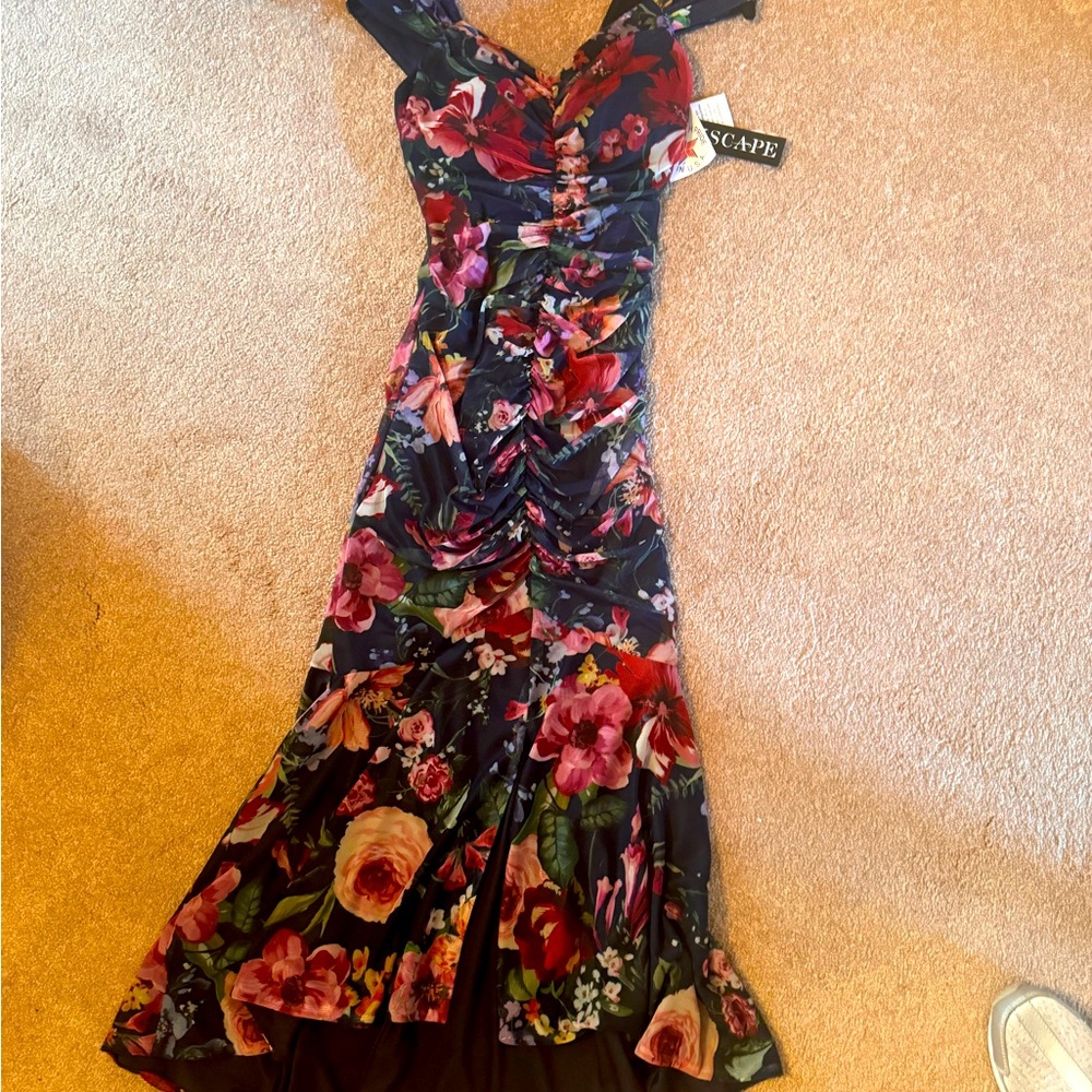 Xscape Floral Print Ruched Sweeetheart Mesh Cocktail Midi Party Dress